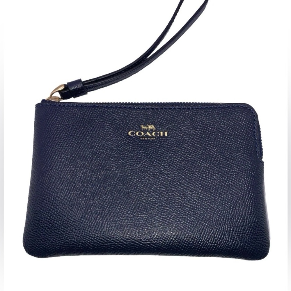 COACH WOMEN'S MIDNIGHT BLUE CROSS GRAIN LEATHER CORNER ZIP WRISTLET WALLET 58032